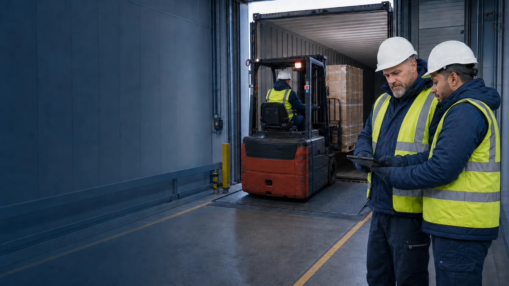 Cornelis Ras and a cold-store colleague review loading information beside a refrigerated container.