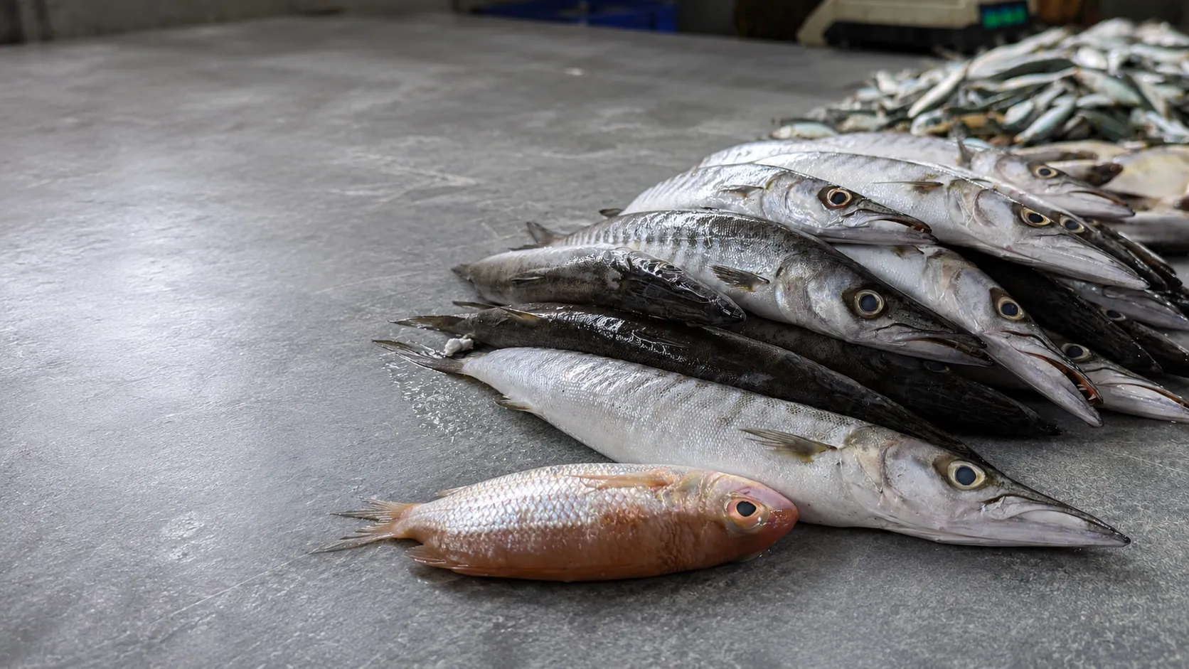 Fresh fish lie on a stainless-steel work surface in a processing setting.