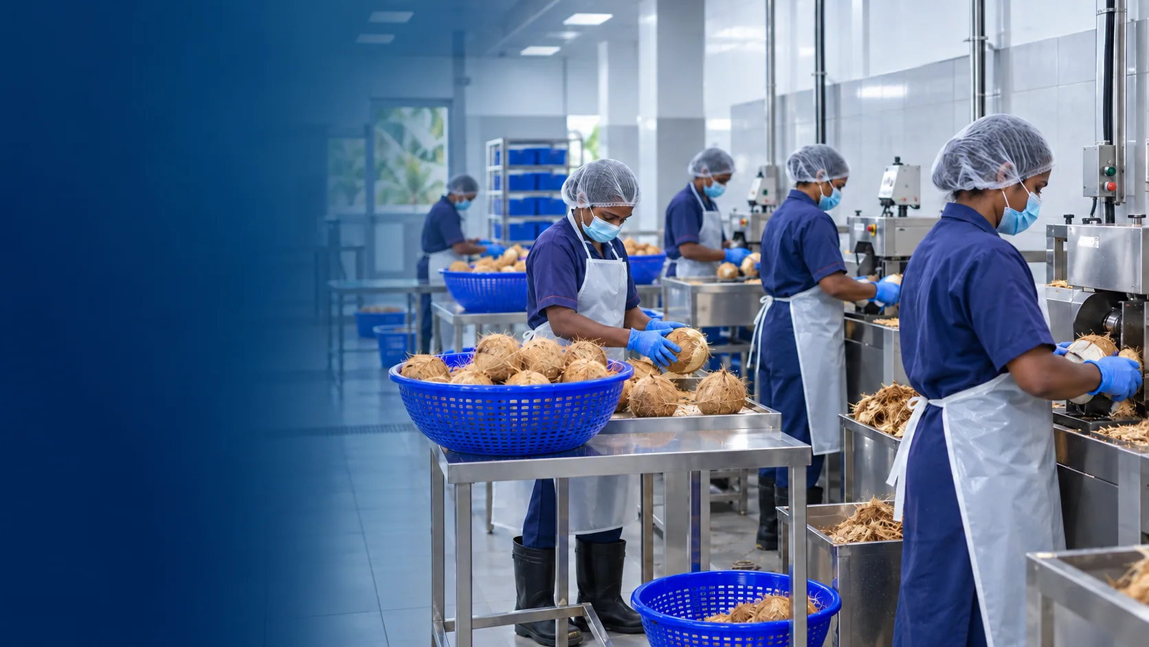 Food-production workers process coconuts at stainless-steel workstations in a hygienic facility.