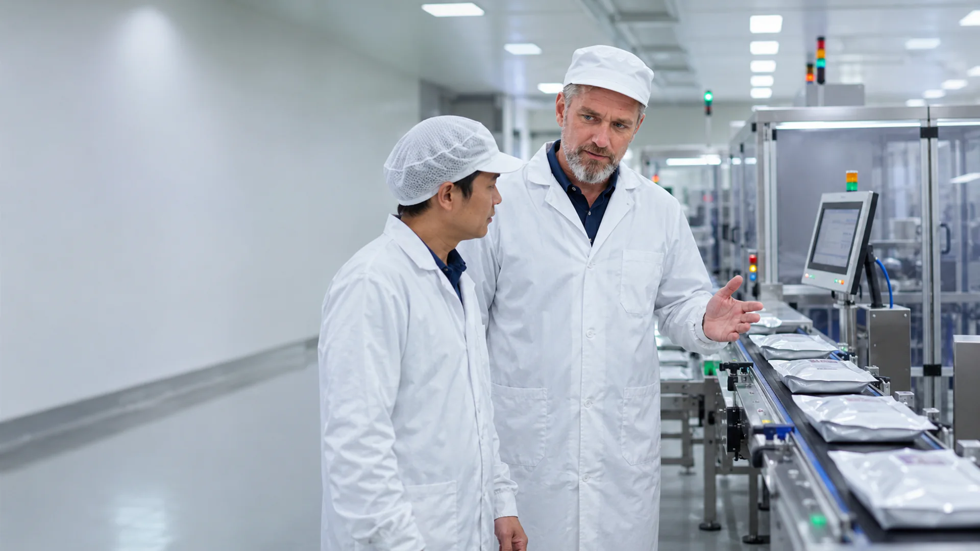Cornelis Ras discusses a control point with a quality manager beside a food packaging line.