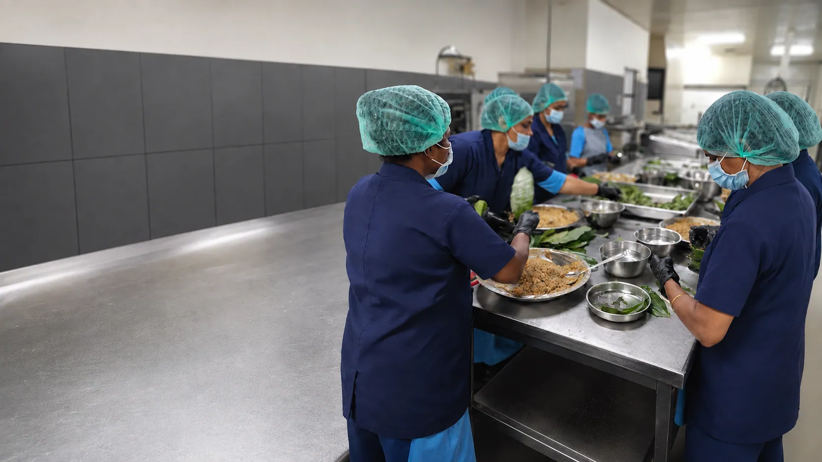 A food-production team prepares ingredients at stainless-steel workstations.