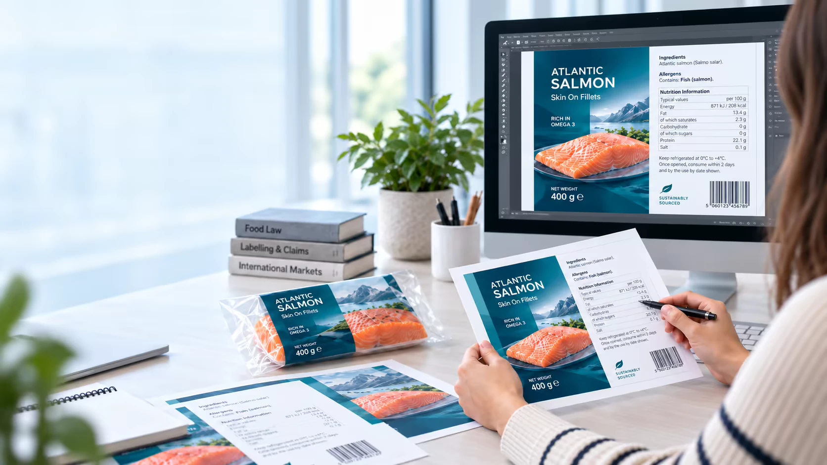 A specialist reviews Atlantic salmon label artwork and nutrition information at a desk.