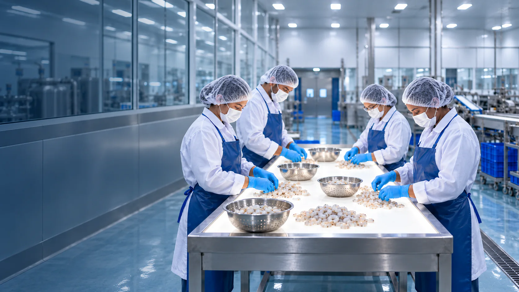 A food-production team sorts peeled shrimp at a stainless-steel processing table.