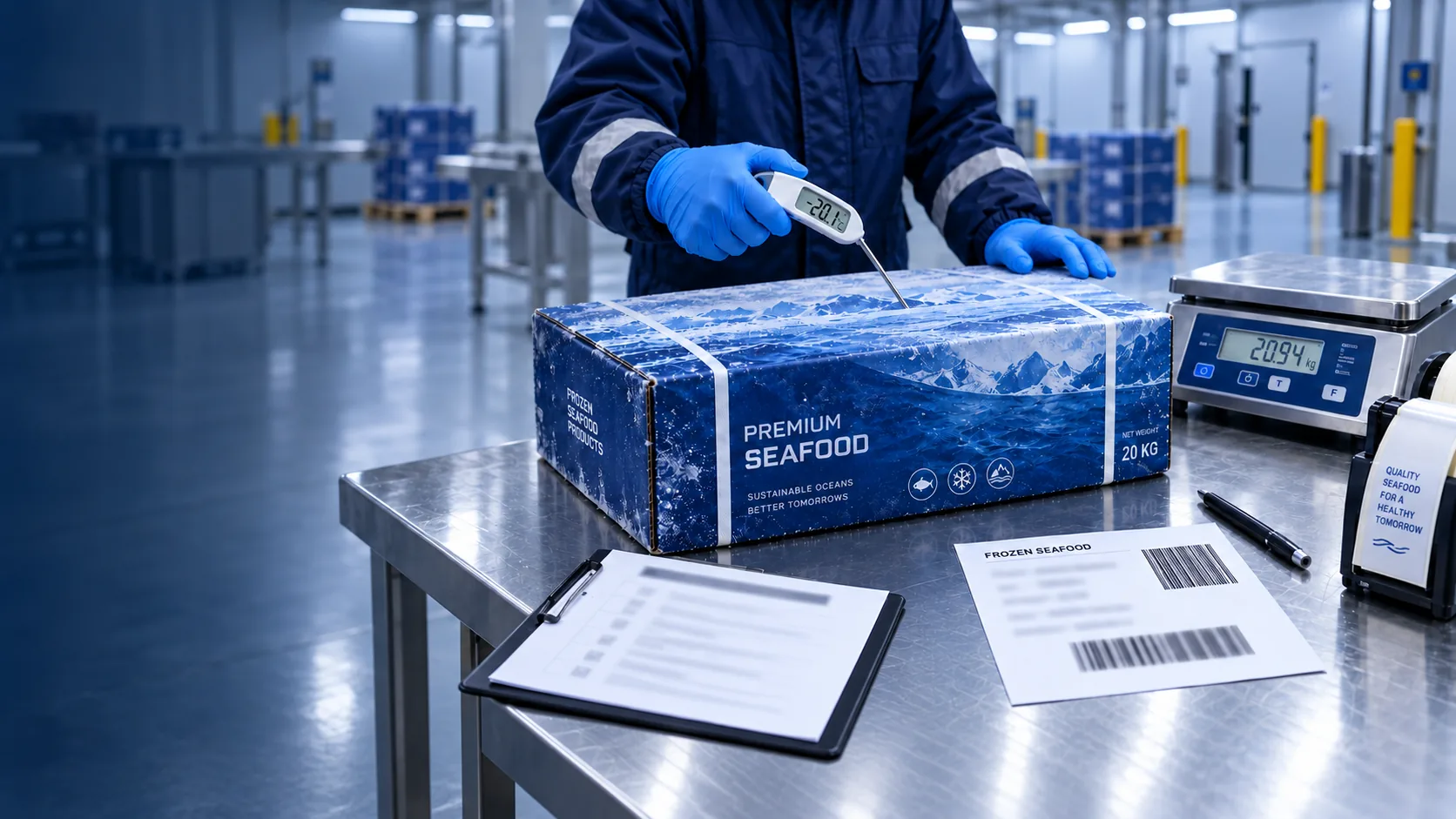 A food-quality inspector measures the temperature of a frozen seafood carton beside a scale and a blurred checklist.