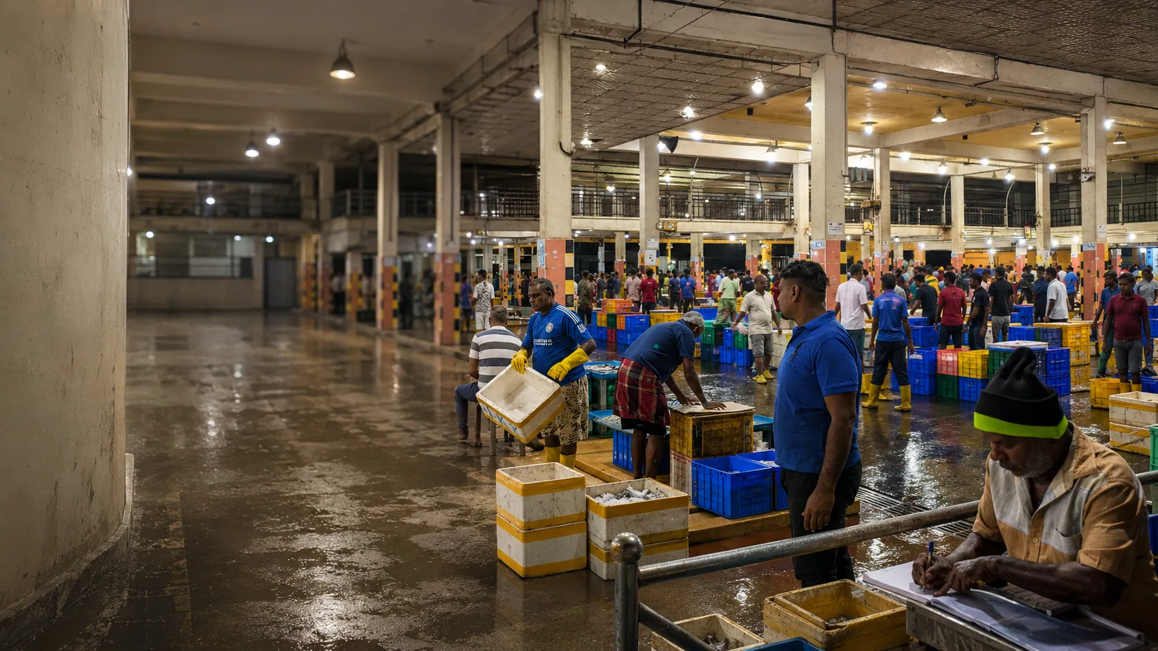 Workers sort seafood crates and record information on a busy wholesale market floor.