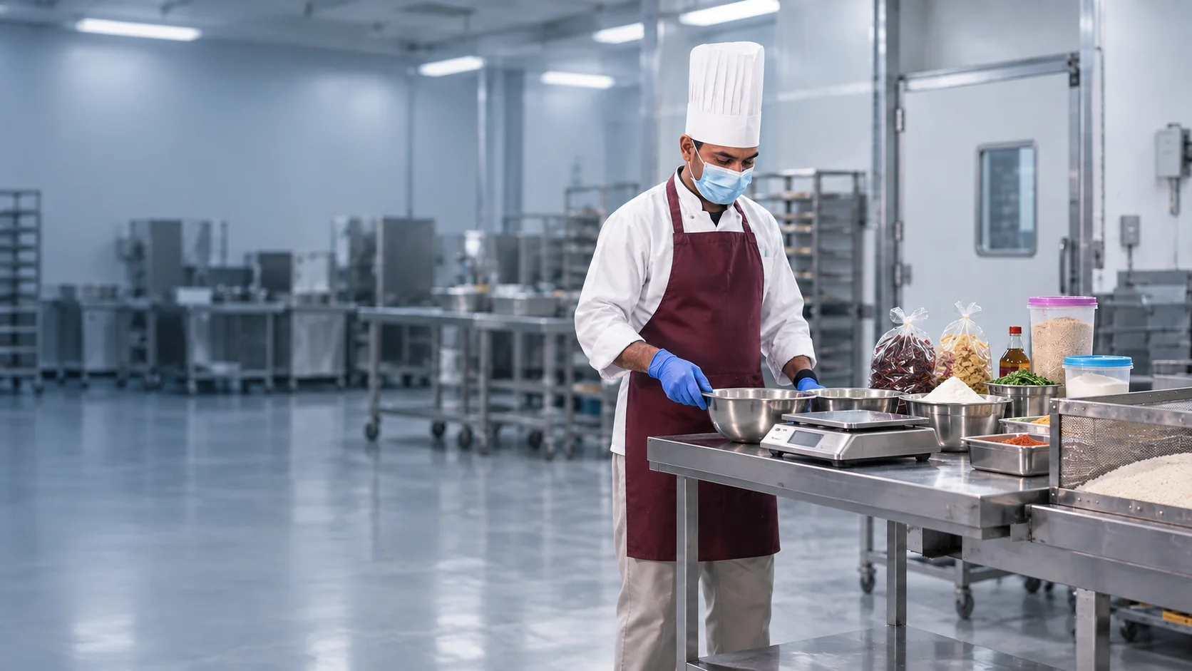 A food-production specialist weighs ingredients at a stainless-steel workstation.