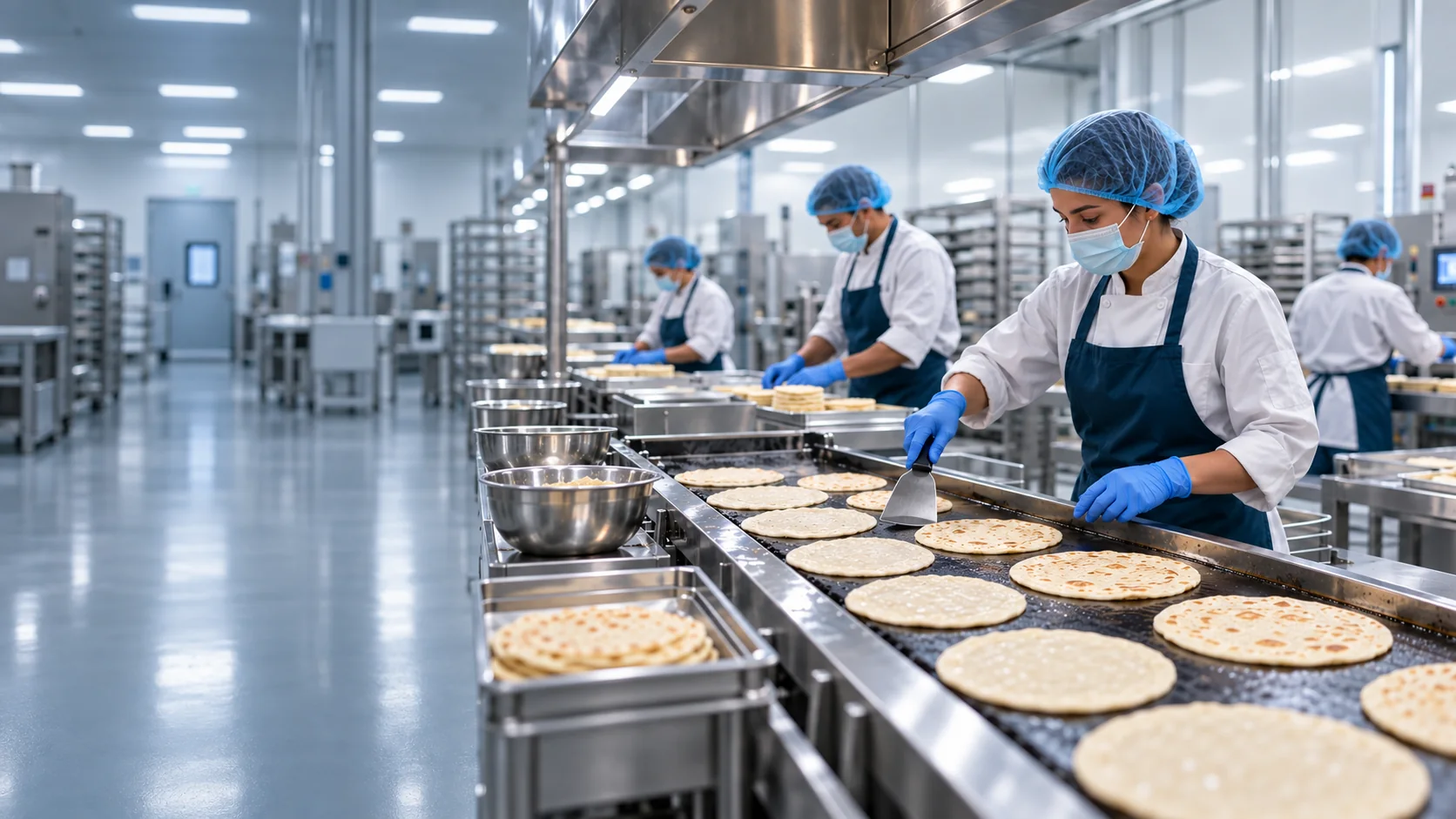 Food-production workers prepare flatbreads on a hygienic industrial line.