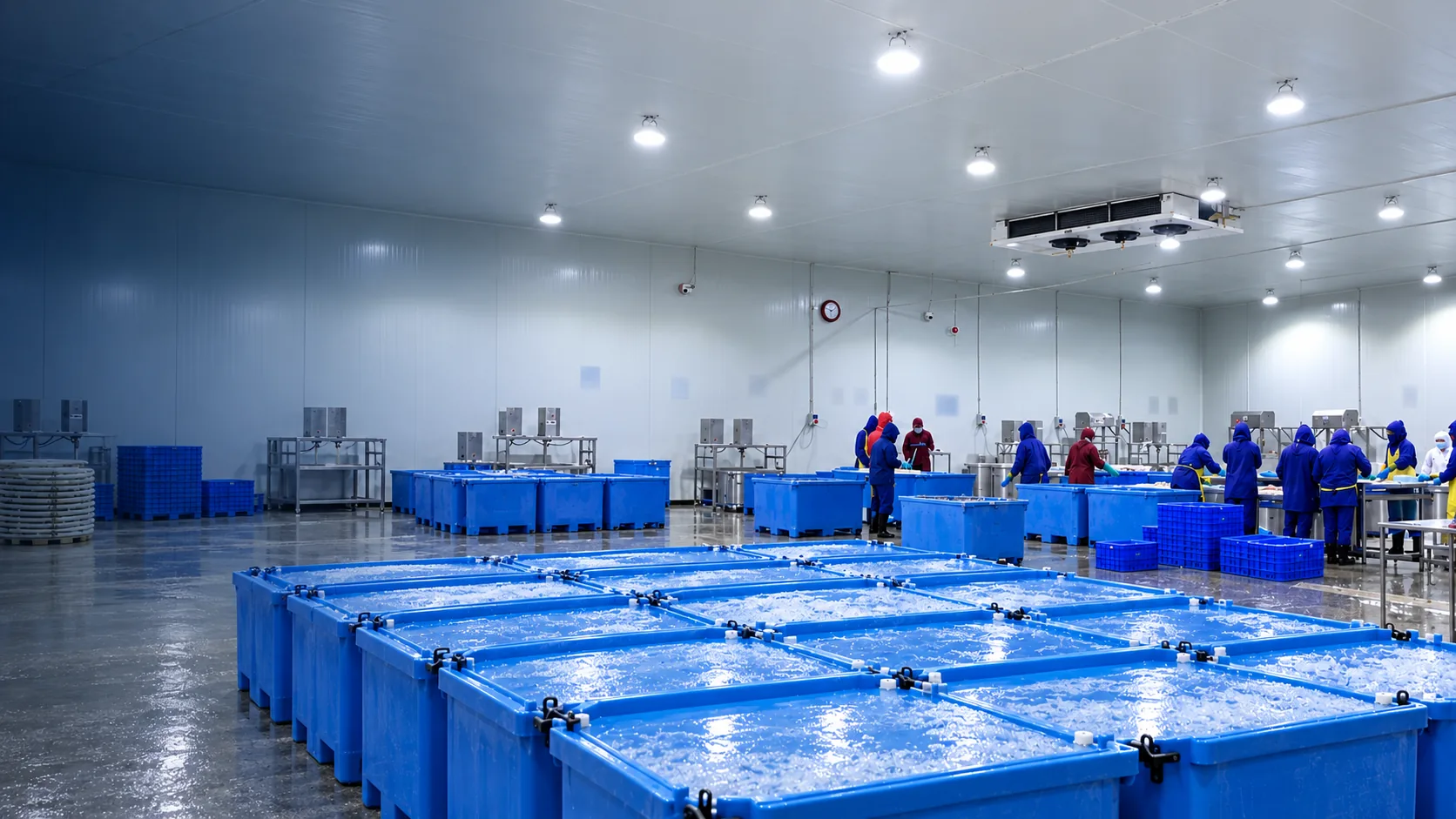 Food-production workers operate in a chilled seafood facility with blue product containers.