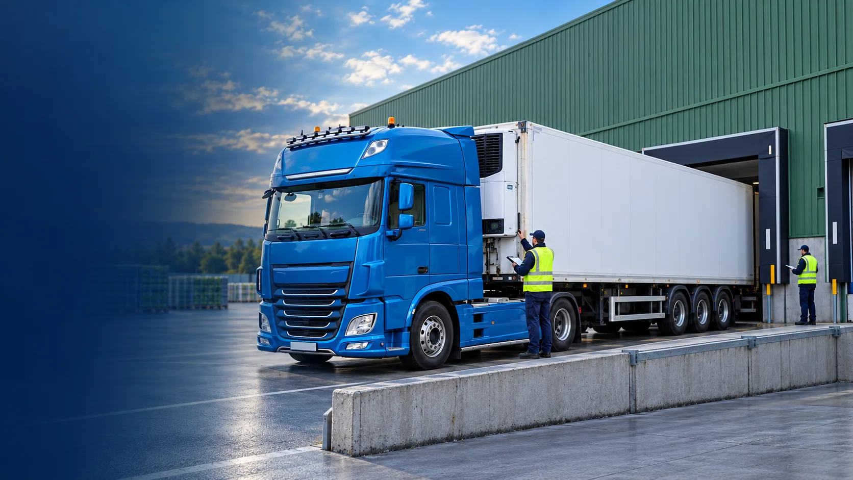 Two inspectors check a refrigerated truck and loading dock at a food-production warehouse.