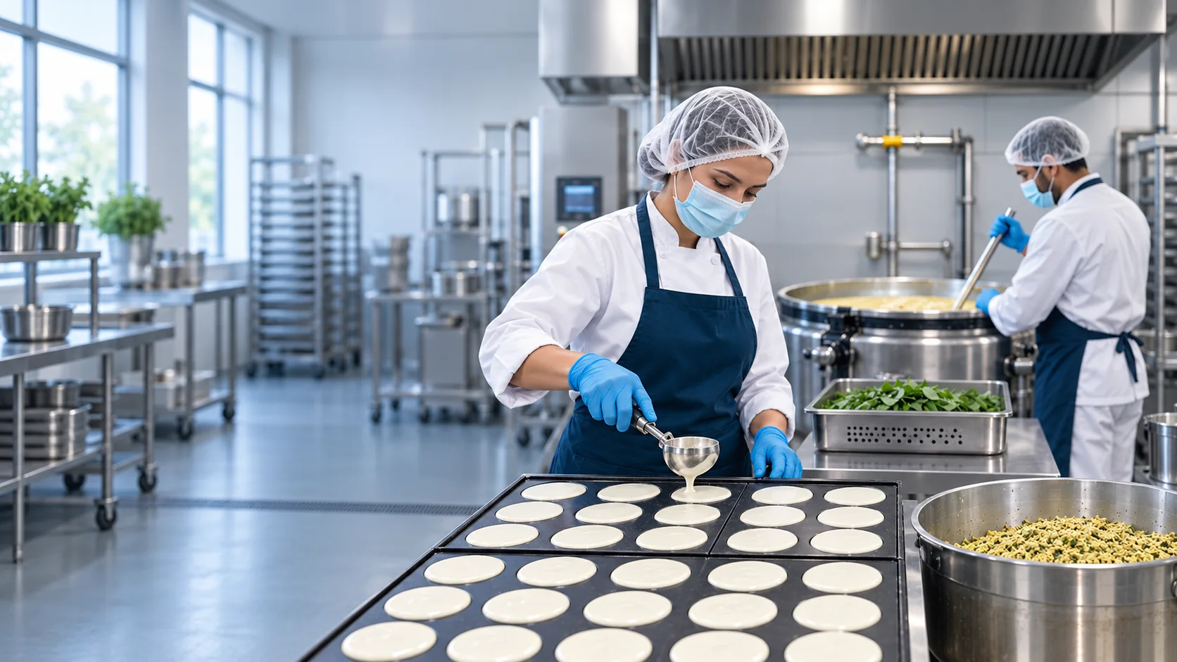 Two food-production workers prepare a small batch in a hygienic industrial kitchen.